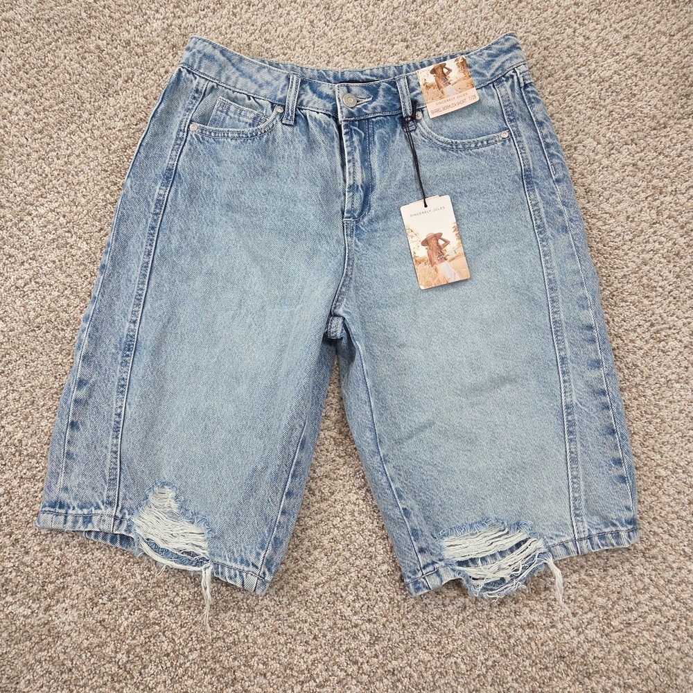 NWT Sincerely Jules Barrel Bermuda Denim Shorts Size 7/28 Blue Wash Cotton